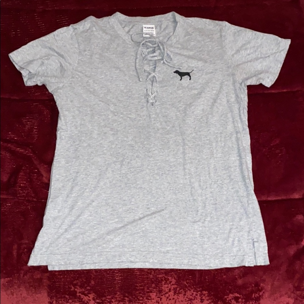 PINK Lace Up Crew Neck Tee